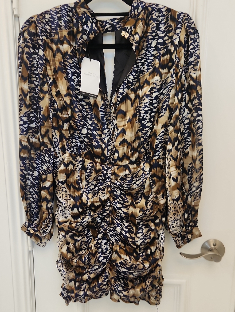 Women's Ruched Animal-Print Long-Sleeve Dress Jacket - Navy & Tan